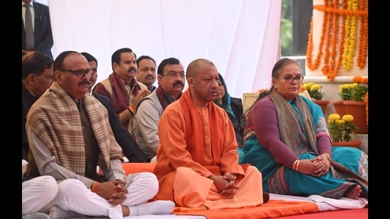 Uttar Pradesh CM Yogi Adityanath, flanked by deputy CM Brajesh Pathak and Lucknow mayor Sushma Kharkwal at an event held to mark Mahatma Gandhi’s death anniversary in Lucknow on January 30, 2026. (HT photo)