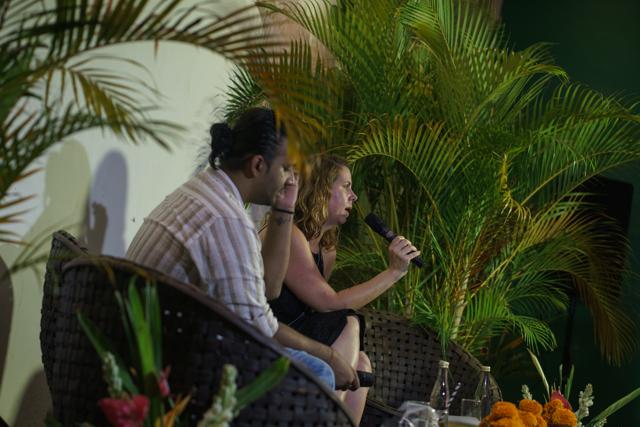 Rutvik Bhandari moderating a panel on Family Literature with Kate Sawyer. (Courtesy UWRF)
