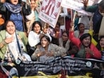 RJD women workers demonstrating during their protest march in protest against rape and murder of NEET student inside Shambhu girl's hostel room, at Income Tax roundabout in Patna, Bihar, India, Wednesday,21, 2026.