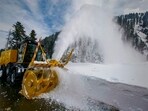 Heavy-duty machinery removes snow from the Mughal Road, which connects the Shopian district with Poonch-Rajouri, after fresh snowfall, in the Shopian district, Jammu and Kashmir, on Friday. Heavy-duty machinery removes snow from the Mughal Road, which connects the Shopian district with Poonch-Rajouri, after fresh snowfall, in the Shopian district, Jammu and Kashmir, on Friday.