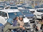 A major traffic jam near Bharat Nagar Chowk following the protest in Ludhiana on Friday. (Gurpreet Singh/HT)