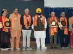 AAP state in-charge Manish Sisodia and Punjab education minister Harjot Singh Bains during a programme at BCM School, Sector 32, in Ludhiana on Saturday. (Manish/HT)