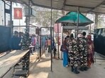 Commuters being checked through face recognition cameras at the Rupaideha border in Bahraich (HT Photo)