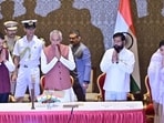 NCP Leader Sunetra Pawar takes oath as the Deputy CM of Maharashtra in the presence of Maharashtra Governor Acharya Devvrat, Maharashtra CM Devendra Fadnavis and Deputy CM Eknath Shinde at Lok Bhavan in Mumbai.
