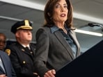 Kathy Hochul speaks during a public safety announcement in New York, US, on Friday, Jan. 30, 2026. Hochul is pushing new legislation that would limit cooperation between local law enforcement and US immigration officials. Photographer: Angelina Katsanis/Bloomberg