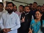 Sharmila Pimpolkar Gaikwad of the Shiv Sena filed her nomination papers in presence of Sena chief and deputy chief minister Eknath Shinde, Sena MP Naresh Mhaske, BJP MLA Niranjan Davkhare, and other leaders and office-bearers (Praful Gangurde / HT Photo)