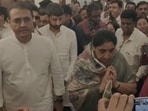Sunetra Pawar emerging from the Vidhan Bhavan chamber where she was elected as leader of the NCP legislative party in Mumbai. (Videograb/Anshuman poyrekar)
