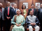 Union Finance Minister Nirmala Sitharaman and Union MoS Pankaj Chaudhary in a group photo after giving final touch to the Union Budget 2026–27, accompanied by Chief Economic Adviser V. Anantha Nageswaran, CBDT Chairman Ravi Agrawal and officials from the Ministry of Finance, at Kartavya Bhawan in New Delhi on Saturday. (ANI)