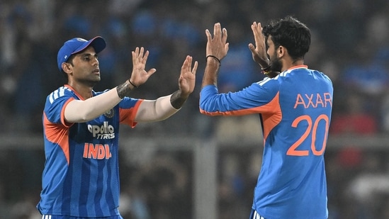 India vs New Zealand 5th T20I Highlights: India's Axar Patel (R) celebrates with captain Suryakumar Yadav after taking the wicket of New Zealand's Finn Allen. India vs New Zealand 5th T20I Highlights: India's Axar Patel (R) celebrates with captain Suryakumar Yadav after taking the wicket of New Zealand's Finn Allen.