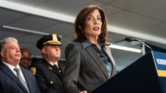 Kathy Hochul speaks during a public safety announcement in New York, US, on Friday, Jan. 30, 2026. Hochul is pushing new legislation that would limit cooperation between local law enforcement and US immigration officials. Photographer: Angelina Katsanis/Bloomberg (Bloomberg)