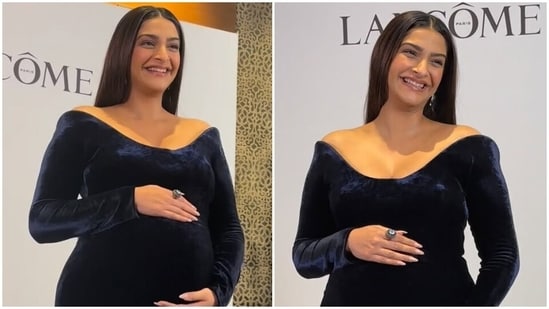 Sonam Kapoor shows off her baby bump in a dazzling gown at an event. 