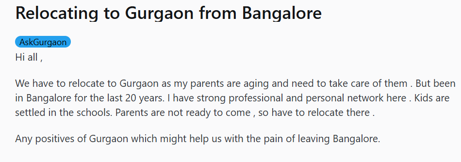 A Reddit user's post about relocating from Bengaluru to Gurgaon. (Screengrab (Reddit)) A Reddit user's post about relocating from Bengaluru to Gurgaon. (Screengrab (Reddit))