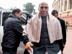 Union defence minister Rajnath Singh arrives to attend the Union Budget session at Parliament, in New Delhi.