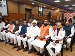 Bihar deputy chief minister Samrat Choudhary with BJP leaders looking on TV screen during Union finance minister Nirmala Sitharaman’s presentation of the Union Budget 2026-27 at the BJP office in Patna on Sunday. (Santosh Kumar/HT)