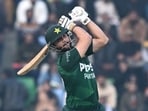Pakistan's captain Salman Agha plays a shot during the second T20I match between Pakistan and Australia in Lahore on January 31, 2026