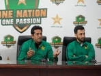 Pakistan Cricket Board's Director High Performance Aqib Javed, center, attends a press conference.