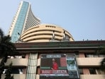 Nirmala Sitharaman is displayed on a screen outside the Bombay Stock Exchange (BSE) ahead of her budget speech