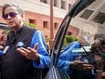 Congress MP Shashi Tharoor after the presentation of the Union Budget 2026-27 at Parliament in New Delhi on Sunday, February 1, 2026. 