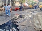 Sewerage water on a street in Dhoka Mohalla, Ludhiana on Sunday. (Gurpreet Singh/HT)