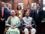 Union Finance Minister Nirmala Sitharaman and Union MoS Pankaj Chaudhary in a group photo after giving final touch to the Union Budget 2026–27, accompanied by Chief Economic Adviser V. Anantha Nageswaran, CBDT Chairman Ravi Agrawal and officials from the Ministry of Finance, at Kartavya Bhawan in New Delhi on Saturday. 