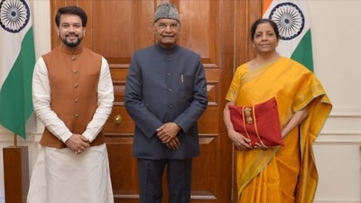 Amidst the early challenges of the Covid-19 pandemic, in 2020, Nirmala Sitharaman wore a bright yellow-gold silk saree with a blue border. Yellow, associated with new beginnings and hope, was seen as a signal of economic optimism for the year ahead. (File Photo/ ANI) Amidst the early challenges of the Covid-19 pandemic, in 2020, Nirmala Sitharaman wore a bright yellow-gold silk saree with a blue border. Yellow, associated with new beginnings and hope, was seen as a signal of economic optimism for the year ahead. (File Photo/ ANI)