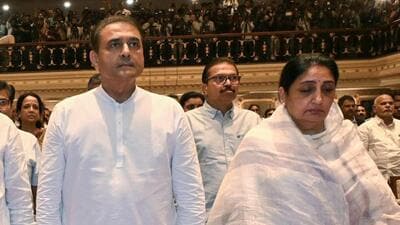 Mumbai, Jan 31 (ANI): Rajya Sabha MP Sunetra Pawar, NCP leaders Praful Patel, Chhagan Bhujbal, NCP MP Sunil Dattatray Tatkare and others during the oath ceremony of Sunetra Pawar as Deputy CM of Maharashtra at the Lok Bhavan, in Mumbai on Saturday. (ANI Photo) (Deepak Salvi)