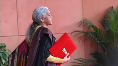 New Delhi, India - Feb. 1, 2026: Union Finance Minister Nirmala Sitharaman outside the Finance Ministry prior to the presentation of the 'Union Budget 2026-27 at Kartavya Bhavan in New Delhi, India, on Sunday, February 1, 2026. (Photo by Arvind Yadav/ Hindustan Times) (Hindustan Times) New Delhi, India - Feb. 1, 2026: Union Finance Minister Nirmala Sitharaman outside the Finance Ministry prior to the presentation of the 'Union Budget 2026-27 at Kartavya Bhavan in New Delhi, India, on Sunday, February 1, 2026. (Photo by Arvind Yadav/ Hindustan Times) (Hindustan Times)