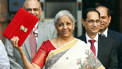 Union Finance Minister Nirmala Sitharaman with Union Minister of State for Finance Pankaj Chaudhary and other officials outside the Finance Ministry ahead of the presentation of the ‘Union Budget 2025-26’, in New Delhi, India, on Saturday, February 1, 2025. (Sanjeev Verma/Hindustan Times) Union Finance Minister Nirmala Sitharaman with Union Minister of State for Finance Pankaj Chaudhary and other officials outside the Finance Ministry ahead of the presentation of the ‘Union Budget 2025-26’, in New Delhi, India, on Saturday, February 1, 2025. (Sanjeev Verma/Hindustan Times)