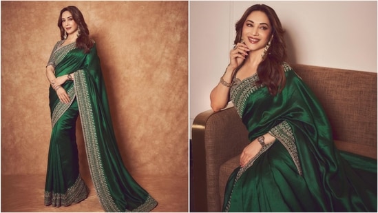 Madhuri Dixit showcases timeless style in gorgeous green saree. (Instagram/@madhuridixitnene)