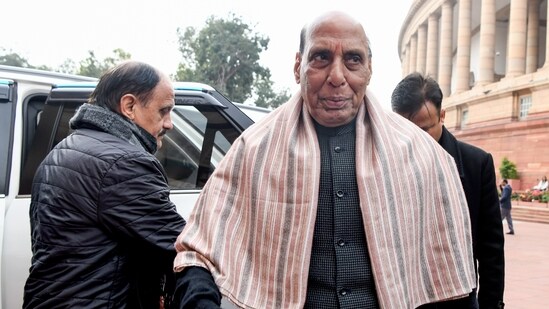 Union defence minister Rajnath Singh arrives to attend the Union Budget session at Parliament, in New Delhi. (ANI)