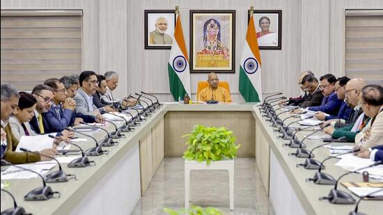 Chief minister Yogi Adityanath chairs a meeting of the State-Level Bankers’ Committee (SLBC) in Lucknow. (PTI)