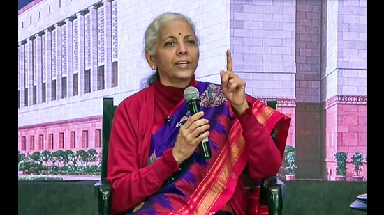 Union Finance Minister Nirmala Sitharaman addresses the Youth Dialogue on Budget 2026, in New Delhi on Sunday. The minister proposed to develop 15 archaeological sites, including Lothal, Dholavira, Rakhigarhi, Sarnath, Hastinapur, and Leh Palace into “vibrant experiential cultural destinations.” (ANI)