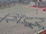 An aerial view of 'Sindoor' formation in Hindi during the Beating Retreat ceremony 2026, at Vijay Chowk in New Delhi.