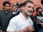 Lok Sabha LoP Rahul Gandhi speaks to the media at the Parliament premises after proceedings of the house got adjourned, during the ongoing Budget Session of the Parliament.