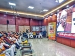 BJP leaders watching live telecast of the budget presentation on Sunday. (HT Photo)