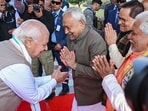 Bihar governor Arif Mohammed Khan is being greeted by chief minister Nitish Kumar on the first day of the Budget session of the state Legislative Assembly in Patna on Monday. (PTI)