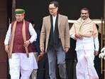 Kiren Rijiju with fellow MPs Arjun Ram Meghwal and L Murugan during the budget session of the Parliament in New Delhi.