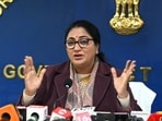 Delhi chief minister Rekha Gupta during a press conference at Delhi Secretariat in New Delhi on Monday. (Arvind Yadav/HT photo)