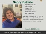 Pima County Sheriff’s Department's missing person alert for Nancy Guthrie.  (Pima County Sheriff’s Department via AP)