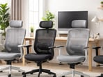 Office chairs lined up at a home desk setup, showing cushioned seats, supportive backs and compact designs for everyday work.(AI generated)