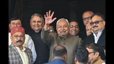 Bihar chief minister Nitish Kumar waves as he arrives for the Bihar Legislative Assembly budget session in Patna on Monday. (Rahul Sharma/ANI) Bihar chief minister Nitish Kumar waves as he arrives for the Bihar Legislative Assembly budget session in Patna on Monday. (Rahul Sharma/ANI)