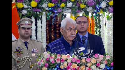 J&K lieutenant governor Manoj Sinha delivers his speech on the first day of the budget session in Jammu on Monday. (ANI) J&K lieutenant governor Manoj Sinha delivers his speech on the first day of the budget session in Jammu on Monday. (ANI)