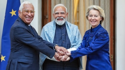 Prime Minister Narendra Modi with European Council President António Luís Santos da Costa and European Commission President Ursula von der Leyen, at Hyderabad House in New Delhi on Tuesday. (DPR PMO) Prime Minister Narendra Modi with European Council President António Luís Santos da Costa and European Commission President Ursula von der Leyen, at Hyderabad House in New Delhi on Tuesday. (DPR PMO)