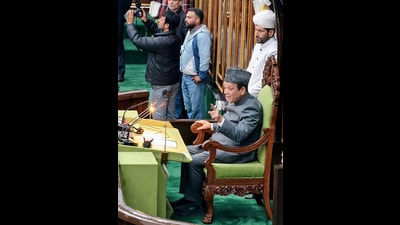 Speaker Abdul Rahim Rather conducting the proceedings on the first day of the budget session at in Jammu on Monday (ANI)