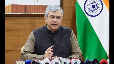 Union railways minister Ashwini Vaishnaw addressing a press conference in New Delhi. (PTI)