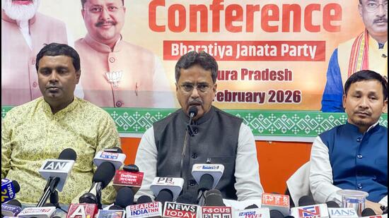 Tripura chief minister Manik Saha addresses a press conference at the BJP party office in Agartala (ANI)