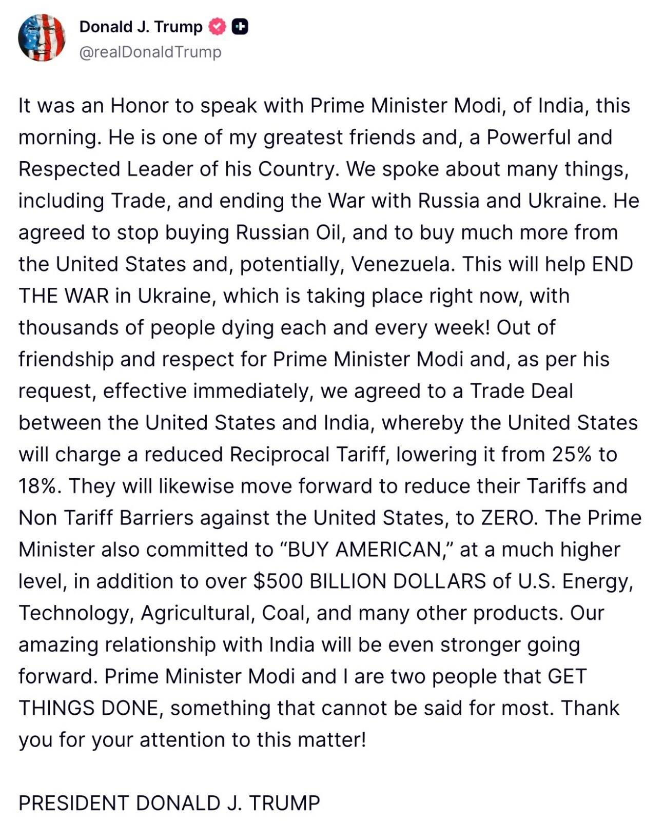 United States President Donald Trump's official statement on Truth Social. (Truth Social/@realDonaldTrump) United States President Donald Trump's official statement on Truth Social. (Truth Social/@realDonaldTrump)