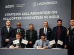 Adani Defence & Aerospace and Leonardo Helicopters sign the MoU in New Delhi on Tuesday. (ANI)