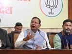 BJP state president Pankaj Chaudhary addressing media persons at the party office in Lucknow on Tuesday. (HT)