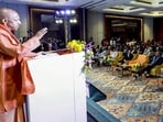 Chief minister Yogi Adityanath addresses the gathering during the inauguration of the ‘Uttar Pradesh Pharma Conclave 1.0’, in Lucknow, Tuesday. (PTI Photo)